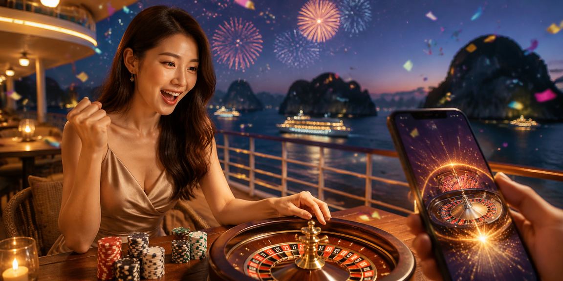 Cảnh vịnh Hạ Long kết hợp không khí chơi Roulette trực tuyến bên tách cà phê buổi sáng
